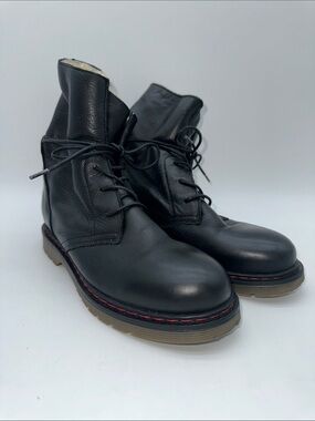 Black Leather Lace-Up Combat Boots with Red Stitching Detail and Sherpa lining